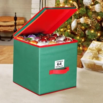 Image of ADEPTNA Premium Christmas tree Bauble Decoration Storage Box Xmas Holiday Decorations Ornament Case with Lid and Handle Space Saving Collapsible Design (64 BAUBLES STORES)
