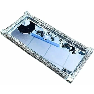 Image of Crushed Diamond Tray Trimmings Crystal Filled Kitchen Silver Serving Trays And Party Food Tray, Size: 38 x 19 CMS