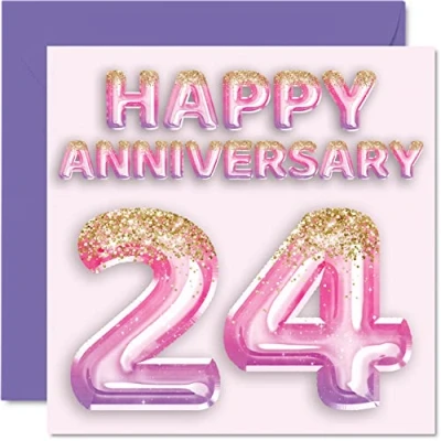 Image of Pretty 24th Anniversary Card for Wife Girlfriend Husband Boyfriend Pink Purple Glitter Balloons Happy 24 Cards from Family, 145mm x Greeting Twenty Fourth Anniversaries