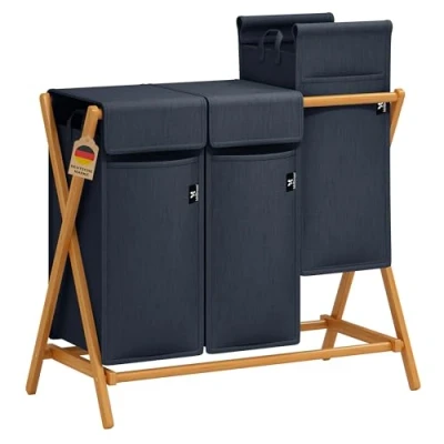 Image of AdelDream Laundry Hamper 3 Compartments Bamboo Sorting System X Shaped Baskets Sorter 150L Gray
