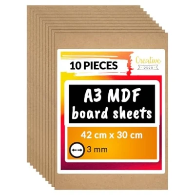 Image of Creative Deco 10 x A3 MDF Board Sheet 420 300 3mm Wood Wooden Blank for Drawing, Home Decor, Art and Craft, Painting, DIY Projects, Laser Cutter, CNC Cutting, Stenciling Pyrography