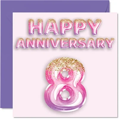 Image of Pretty Bronze Anniversary Card for Wife Girlfriend Husband Boyfriend Pink Purple Glitter Balloons Happy 8th Cards from Family, 145mm x Greeting Eighth Anniversaries