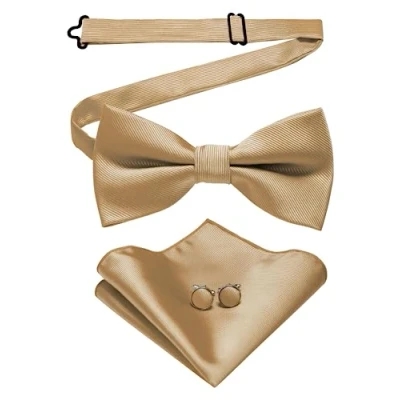 Image of JEMYGINS Gold Bow Tie Wedding Silk Bowtie and Pocket Square Hankerchief with Cufflinks Sets for Men(6)