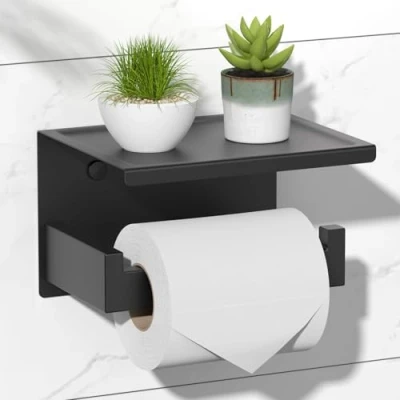 Image of HITSLAM Matte Black Toilet Roll Holder with Phone Shelf, Stick on Paper for Bathroom, SUS 304 Stainless Steel, Two Installation of Self Adhesive and Wall Mounted