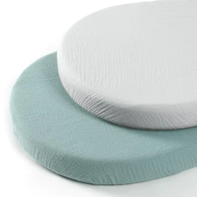 Image of lulumoon Muslin Bassinet Fitted Sheet Set: Pram Mattress Cover for Cot and Cradle, 100% Cotton, 90 x 40 cm, Pack of 2 (Grey Green)