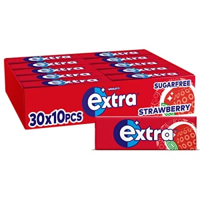 Image of Wrigley&#039;s Extra Chewing Gum, Strawberry Flavour, 30 Packs of 10 Pieces, Sugar Free Gum Bulk Pack with Xylitol (300 pieces)