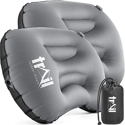 Image of Trail Inflatable Camping Pillow Oversized Ultralight Travel Cushion Neck Lumbar Support with Strap and Bag (2 x Grey Pillows)