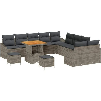 Image of vidaXL 13 Piece Garden Sofa Set with Cushions Grey Poly Rattan Acacia