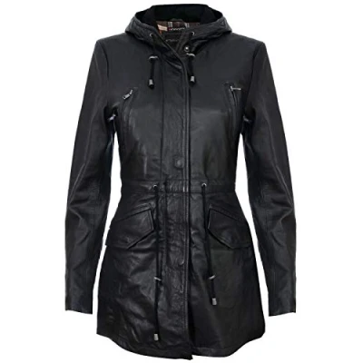Image of Women&#039;s Black Leather Hooded Parker Jacket Multi Pocket Trench Coat 4XL