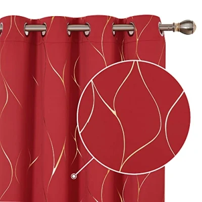 Image of Deconovo Blackout Curtains, Eyelet Gold Wave Foil Printed Thermal Insulated Curtains for Girls Bedroom, 46 x 54 Inch (Width Length), Red, One Pair