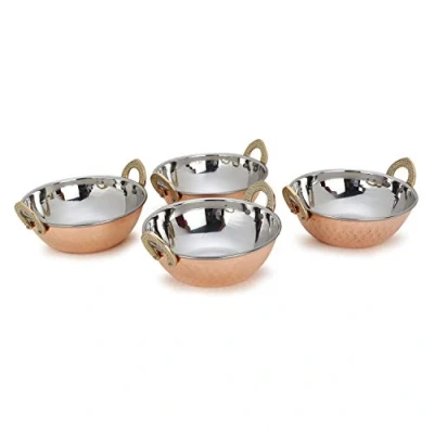 Image of Zap Impex Indian Serving Bowl Copper Stainless Steel Hammered Karahi Dishes and Portion Curry (13 cm) Set of 4, silver, 1211