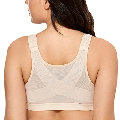 Image of Delimira Women&#039;s Front Fastening Bras Non Wired Posture Correcting Back Support Post Surgery Bra Plus Size Comfort Taupe Tan 44DD