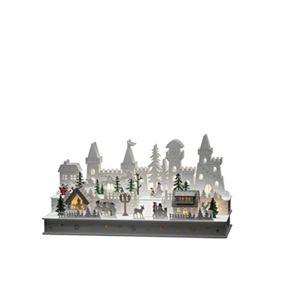 Image of Konstsmide Christmas Lights/LED Wooden Silhouette Castle and Village Scene/6H Timer, 12 Diodes, Battery Operated or USB, Indoor, 2 x AA 1.5V (Excluded)