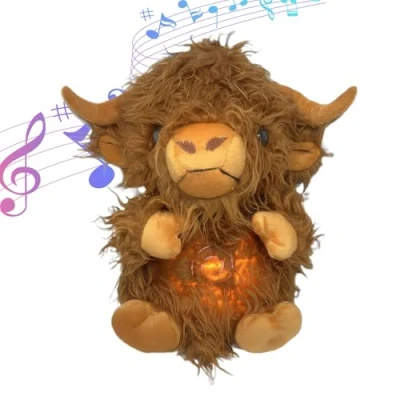 Image of Anxiety Bear, Highland Cow Stuffed Animals Relief, Breathing Teddy Bear Plush Toy with Music Lights &amp; Motion, Soft Stress Relief Animal for Adults Kids