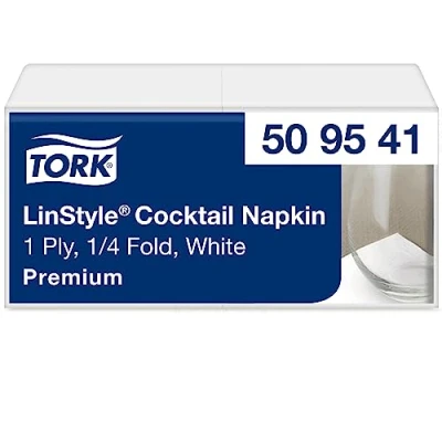 Image of Tork LinStyle White Cocktail Napkin, 1/4 fold, Durable, 24 x 24cm, 14 100 Napkins, 509541