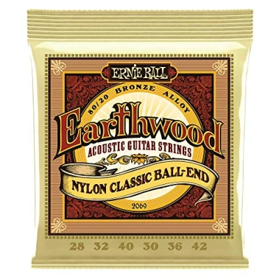 Image of Ernie Ball Earthwood Folk Nylon, Clear and Gold End, 80/20 Bronze Acoustic Guitar Strings 28 42 Gauge