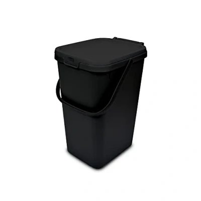 Image of Addis 519282 Kitchen Recycling &amp; General Storage bin 18 litres Stackable Food Waste Organiser Caddy with Clip lock lid carrying Handle,Eco Black