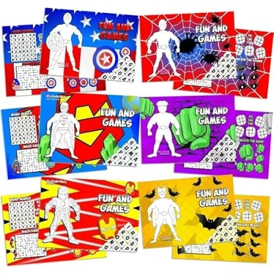 Image of Pack of 18 Superhero Fun and Games Activity Sheets Party Bag Fillers