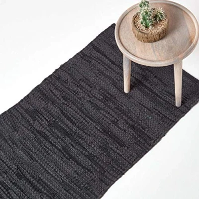 Image of HOMESCAPES leather Runner Denver Black 66x200cm Recycled Eco Friendly 100% real rug Hall