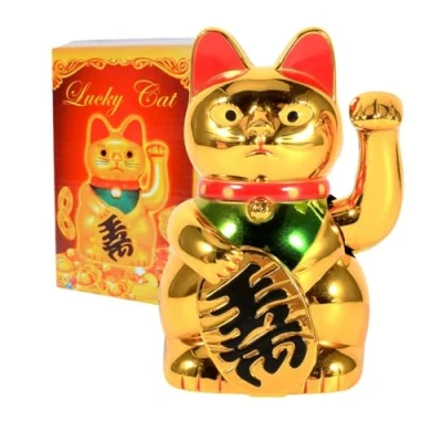 Image of DEWIN Gold Waving Cat, Lucky Cat Japanese Large Hand Paw Up Wealth Prosperity Welcoming Good Luck Feng Shui Decoration