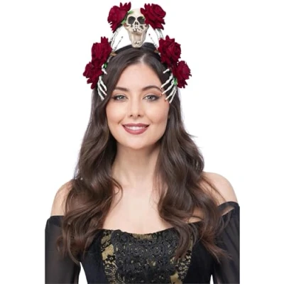 Image of Smiffys Purple Rose &amp; Skull Hand Headband, Halloween Fancy Dress Accessory, Day of The Dead Up Hats
