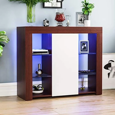 Image of Vida Designs Large Azura 1 Door Modern LED Sideboard in Walnut &amp; White, RGB Lights (Fade/Strobe Options Included), Wooden Matte Style with High Gloss Features