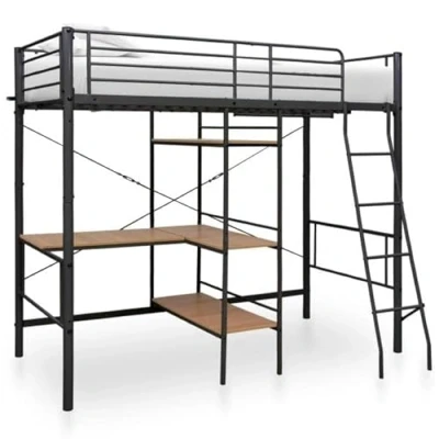 Image of vidaXL Bunk Bed with Table Frame Bedroom Furniture Loft Study Work Splits Children Kids Twin High Sleeper Desk Black Metal 90x200cm