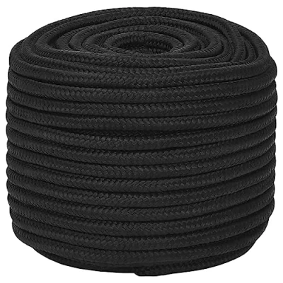 Image of vidaXL Polypropylene Anchor Line 12mm Dia Braided Boat/Yachting Rope, Full Black, 100m, 930kg Break Strength, Weather Resistant Cord