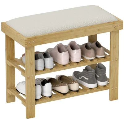 Image of HOMCOM Bamboo Shoe Storage Bench, 3 Tier Bench with Seat Cushion, Rack for Entryway, Hallway, Living Room, Bedroom, Cream White
