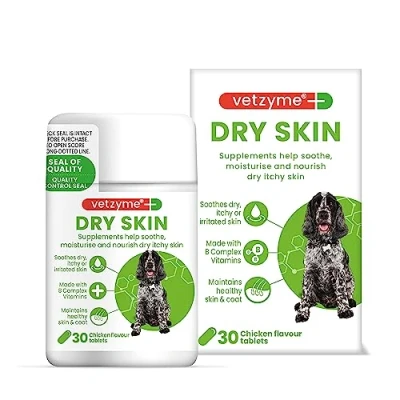 Image of Vetzyme Dry Skin Tablets for Dogs (30 Tablets) and Itchy Relief, Promotes Healthy Smooth Skin, Tasty Chicken Flavour