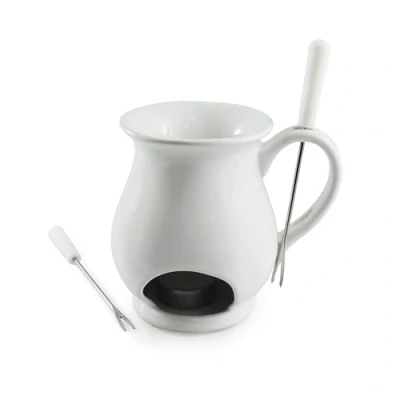 Image of Swissmar F66327 Indulge Chocolate Fondue Mug Set 4 Piece, Ceramic/Stainless Steel, White, 125ml, Tealight Candle Heated, Dishwasher Safe, Gift Boxed
