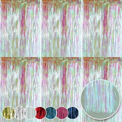 Image of HOVUK 6Pk Holographic Foil Fringe Streamers 50cm White Christmas Lametta, Xmas Decor Iridescent Tinsel Curtains for Wedding, Wall Birthday Party Décor