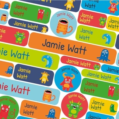 Image of 50 Name Labels for Kids No Iron Tags Clothes Stickers Water Bottles, School Uniform, School, Nursery, Care Homes, Washable and Dishwasher Safe Children (Monsters)