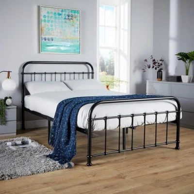 Image of Home Source Black Metal Bed Frame, Platform Design with Headboard and Footboard, Hospital Style, Solid Bar Slats, 4ft 6in Double