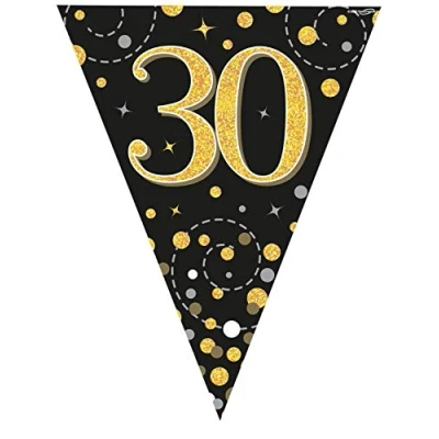 Image of Party Bunting Sparkling Fizz 30 Black &amp; Gold Holographic 11 flags 3.9m