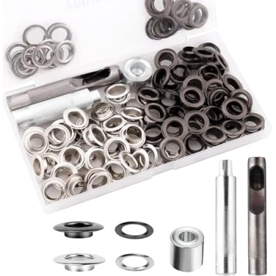 Image of Grommet Tool Kit, 1/2 Inch Grommets Eyelets Sets,100 Sets Grommets, Kit with 3 Pcs Leather Punch Tool, Stainless Steel for Fabric, Canvas, Shoes, Tarps, Clothing (Black and Silver)