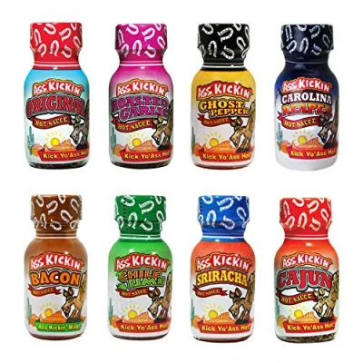 Image of KICKIN&#039; Premium Hot Sauce Bottles Gourmet Gift Set Travel Size .75 oz. 8 Pack Mini Perfect Christmas Gifts for the Fan