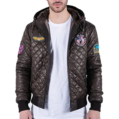 Image of TruClothing Mens Quilted Hooded Puffer Jacket Brown Badge Bomber Pilot Air Force M