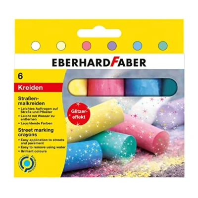 Image of Eberhard Faber 526504 Street Chalks in 6 Bright Colours with Glitter Effect Cardboard Case for Colourful Painting Fun on Asphalt, Roads and Pavements