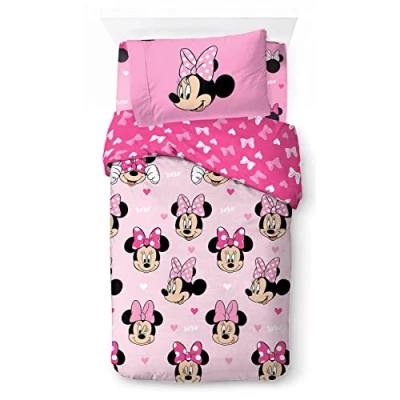 Image of Jay Franco Disney Minnie Mouse Hearts &amp; Love 100% Cotton 3 Piece Single Bedding Set Includes Duvet Cover, Fitted Sheet Pillowcase