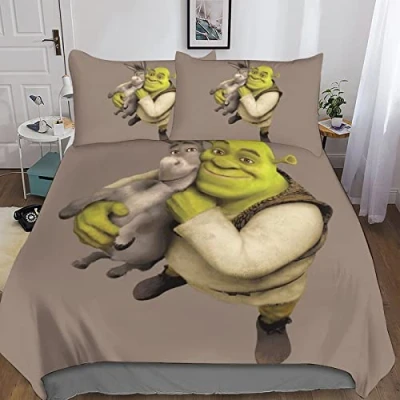 Image of BYTUGI Shrek 3D Duvet Cover with Pillowcases Bedding Set Zipper Soft Comfortable Microfiber Quilt Double（200x200cm）
