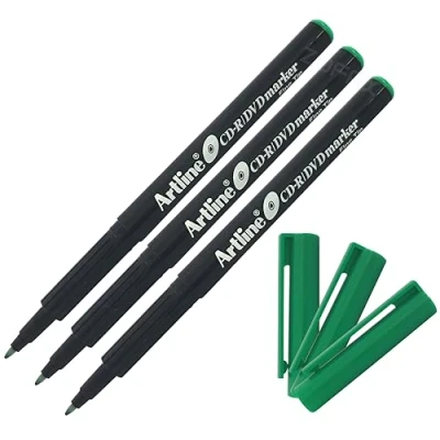 Image of artline Fine Tip GREEN CD DVD Marker Pens Fade Water Resistant For Most Surfaces (3 x Markers)