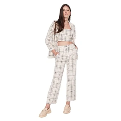Image of Trendyol Women Normal Waist Straight Leg Wide Trousers Ecru