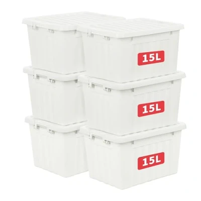 Image of Cetomo 15L*6 Plastic Storage Box,White, Tote box,Organizing Container with Durable Lid and Secure Latching Buckles, Stackable Nestable, 6Pack, Buckle
