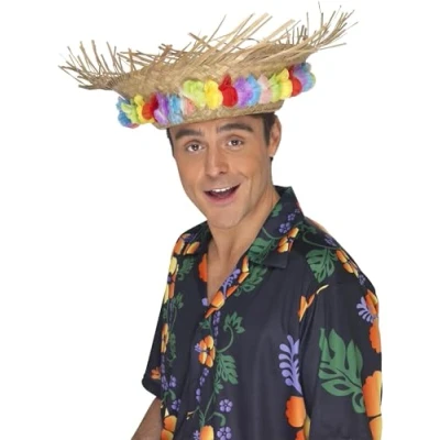 Image of Smiffys Beach Hat, Straw with Flowers, Hawaiian Luau Fancy Dress, Adult Dress Up Hats