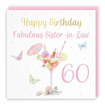 Image of Hunts England 60th Sister in Law Pink Cocktail And Butterflies Birthday Card Luxury Gold Foil Milo&#039;s Gallery Age 60 Drinks, Flowers, Hearts Elegant For