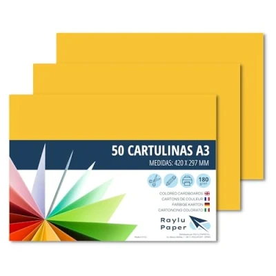 Image of Raylu Paper® A3 Card Pack of 50 180gsm 420x297mm Coloured with Soft Touch Perfect for Binding, Office, Drawing and Crafts (Canary Yellow)
