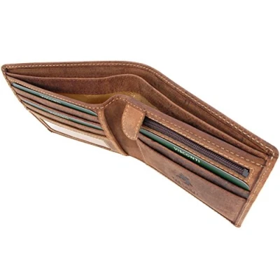 Image of VISCONTI Men&#039;s Small Bifold Leather Wallet RFID Protected 6 Credit Card Slots, Note Section &amp; Coin Pocket Gift Boxed 707 Shield Oil Tan