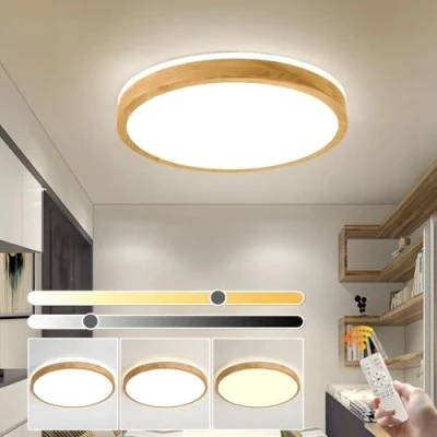 Image of YYUTLUO LED Ceiling Light Wood, Top 360 Glow Round Natural Wooden Lamp Dimmable with Remote Control 2700K 6500K, 30W Living Room, Dining Hallway, Home, Office, Children&#039;s Room(Ø40cm)