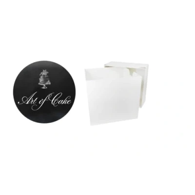 Image of Art of cake® 8 inch Black Glossy Masonite Cake Board (5mm) and White Tall Box (8x8x8)